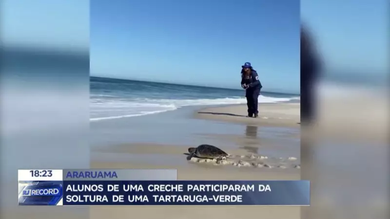 Alunos de creche em Araruama participam de soltura emocionante de tartaruga verde