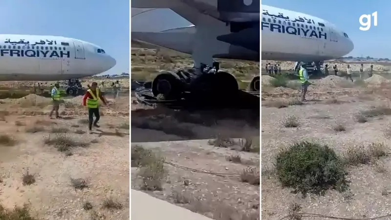 Avião sai da pista e fica preso durante decolagem na Líbia: veja o vídeo impressionante