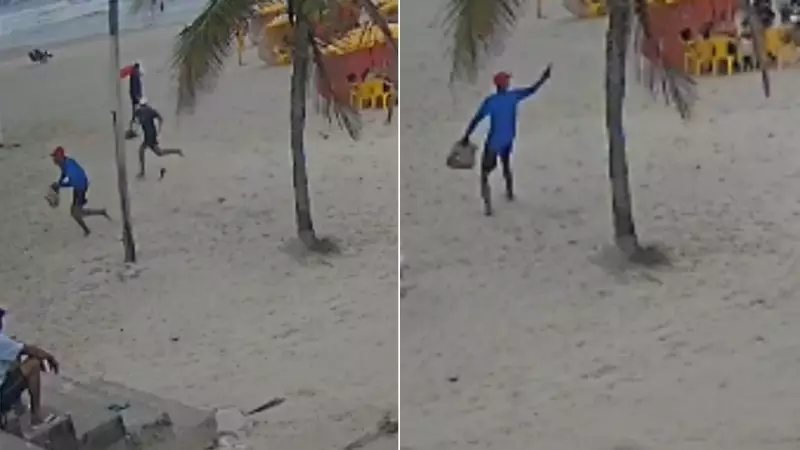 Dupla é flagrada roubando banhistas e atirando na areia da praia no litoral de SP; assista ao vídeo