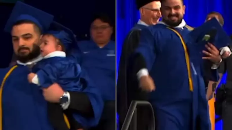 Estudante é perseguido por seguranças ao entrar com bebê no colo em formatura nos EUA — veja o vídeo