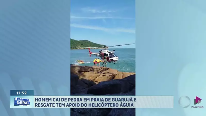 Homem cai de pedra em praia de Guarujá e é resgatado de helicóptero em ação dramática