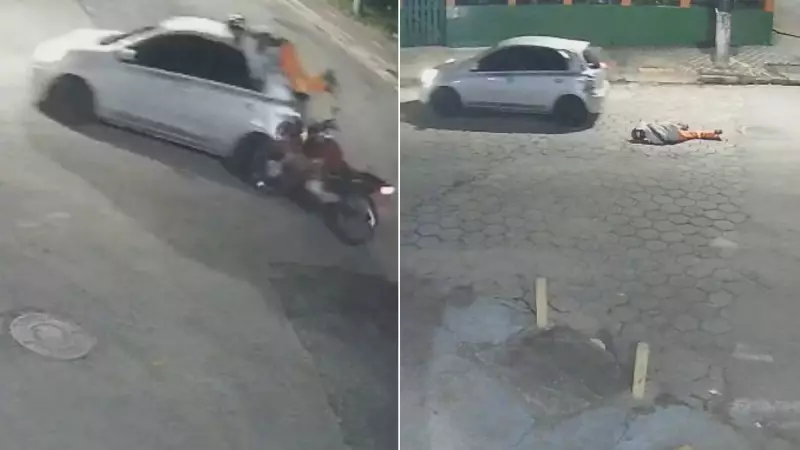 Motociclista é atingido e para em cima de carro após acidente no litoral de SP; veja o vídeo