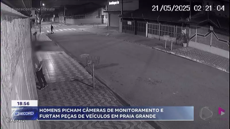 Pichação e furtos em Praia Grande: criminosos danificam câmeras de segurança e roubam peças de veículos
