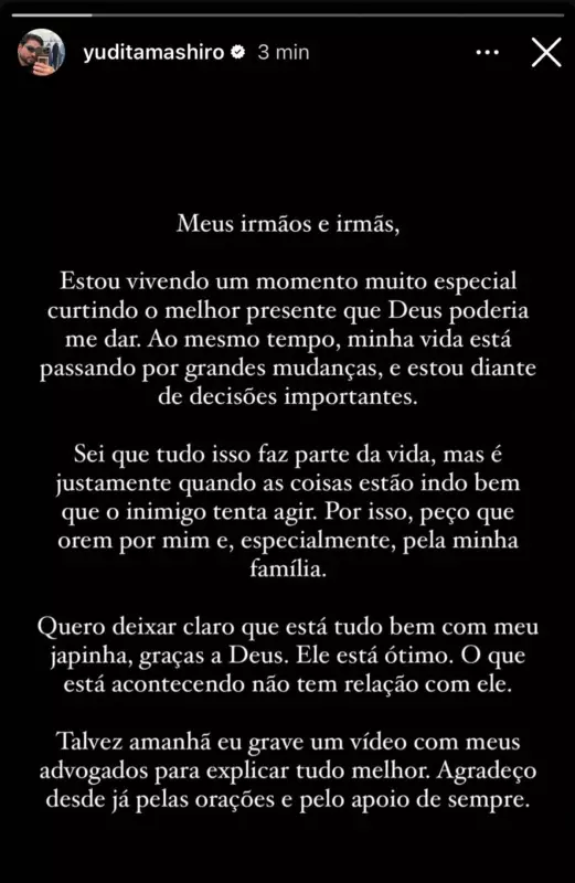 Yudi Tamashiro pede orações para família em emocionante desabafo na web: 'Faz parte da vida'