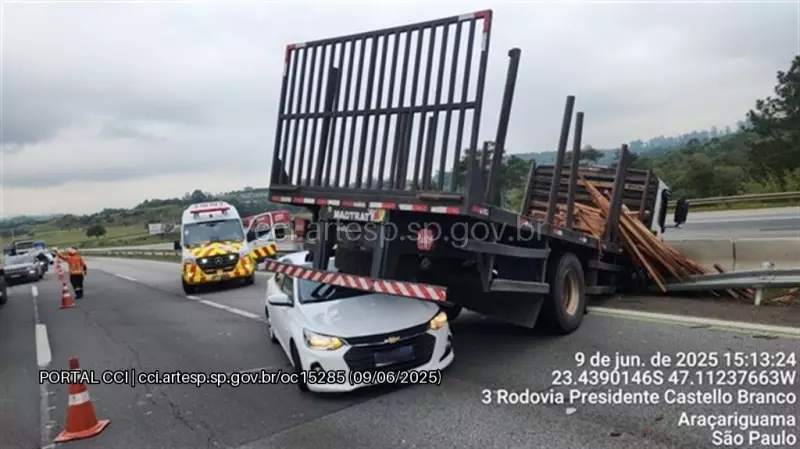 Acidente grave em Araçariguama: carro fica embaixo de caminhão após colisão