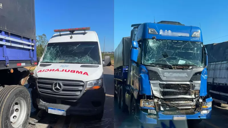 Ambulância com paciente se envolve em grave acidente com caminhões e carro em Vilhena, RO