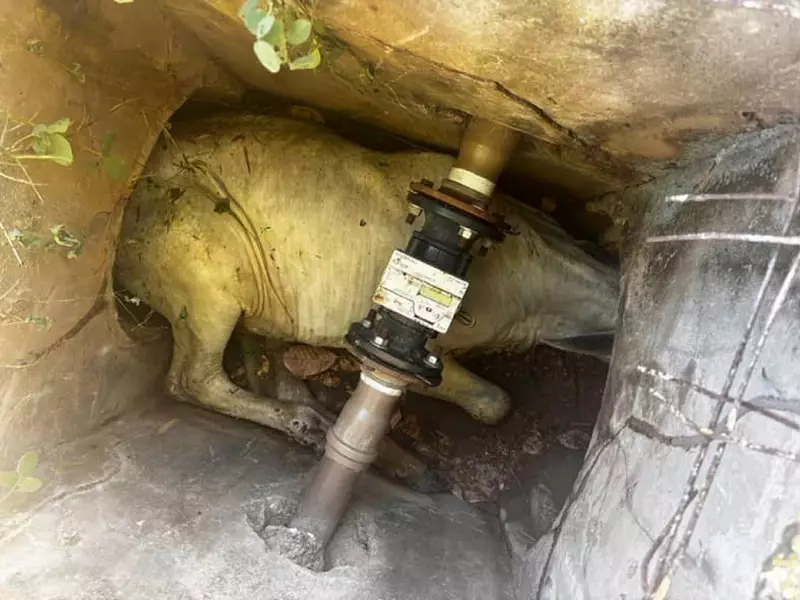 Bezerro é resgatado após ficar preso em manilhas de concreto em sistema de drenagem no Tocantins