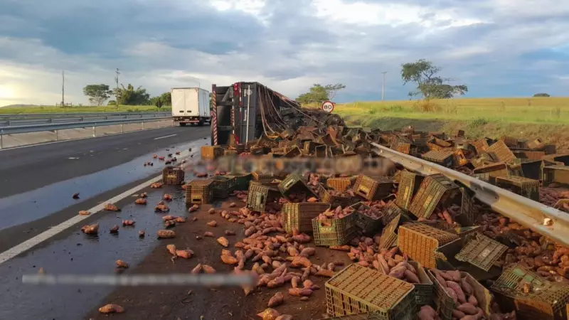 Carreta com 30 toneladas de batata-doce tomba e interdita rodovia no interior de SP