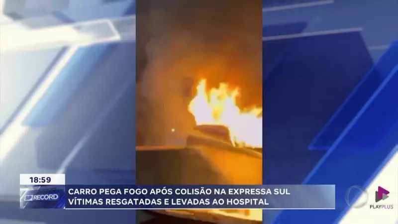 Carro pega fogo após colisão em Praia Grande, SP: veja imagens impressionantes