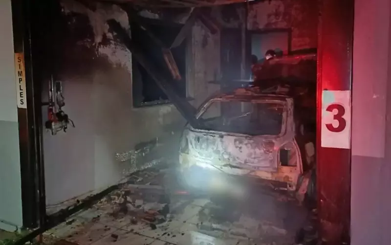 Carro pega fogo em garagem de motel e causa destruição em Monte Santo de Minas (MG)
