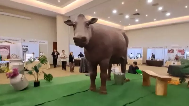 Escultura de vaca de chocolate de 500 kg encanta visitantes em festival no Chile