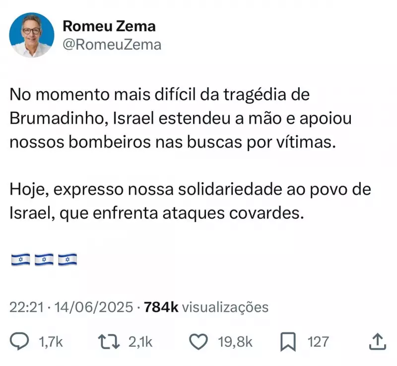 Governador de Minas Gerais, Romeu Zema, condena ataques do Irã a Israel e declara apoio ao país