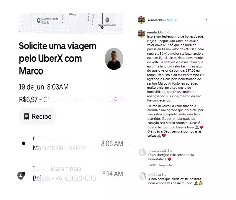 História de honestidade no Pará: passageira paga R$ 1.000 em corrida de R$ 10 e motorista devolve valor