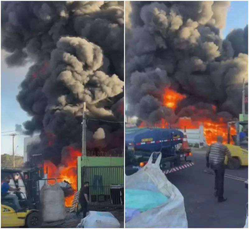 Incêndio de grandes proporções destrói depósito de plástico e assusta moradores no interior de SP