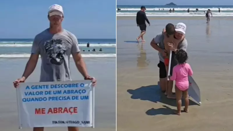 Influenciador viraliza ao oferecer abraços gratuitos a cegos em praias de SP: 'Gratificante demais'