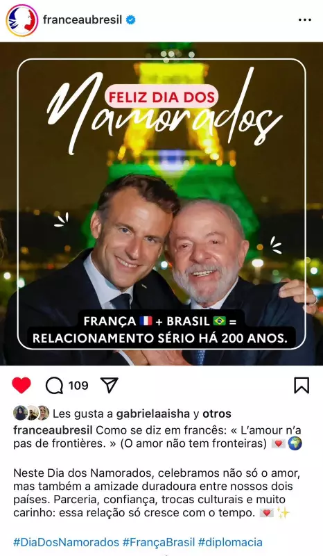 Lula e Macron em 'bromance': Embaixada da França homenageia Dia dos Namorados com foto dos líderes