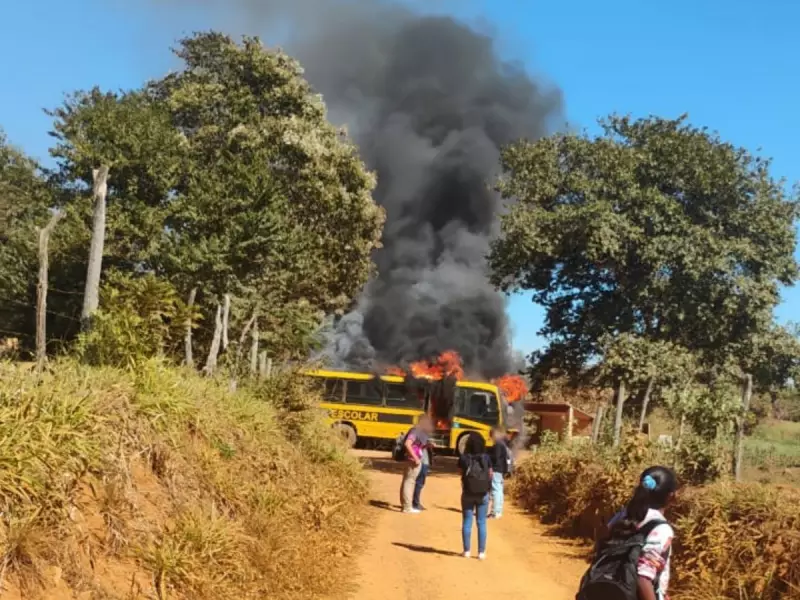Ônibus escolar pega fogo na zona rural de Onça de Pitangui (MG); veja vídeo