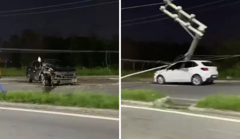 Poste cai sobre carro após colisão na Serra: veja o vídeo impressionante