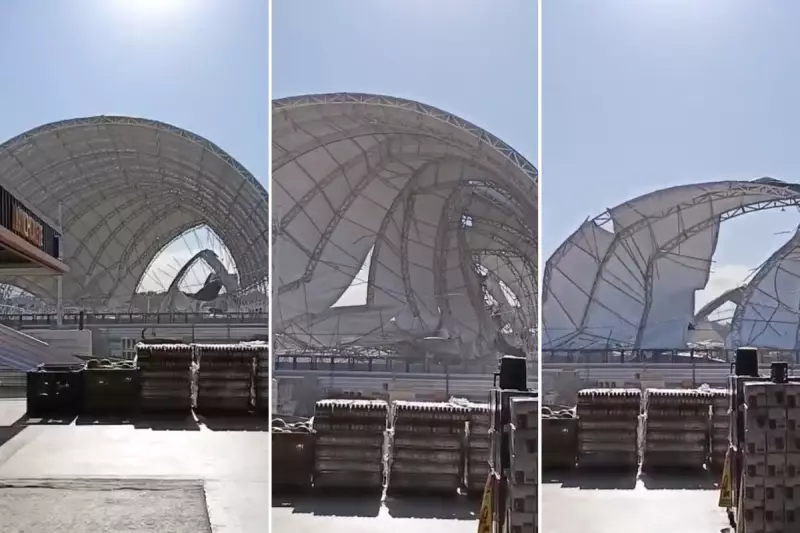 Rajadas de vento derrubam arena de eventos no litoral de SP: veja imagens e detalhes