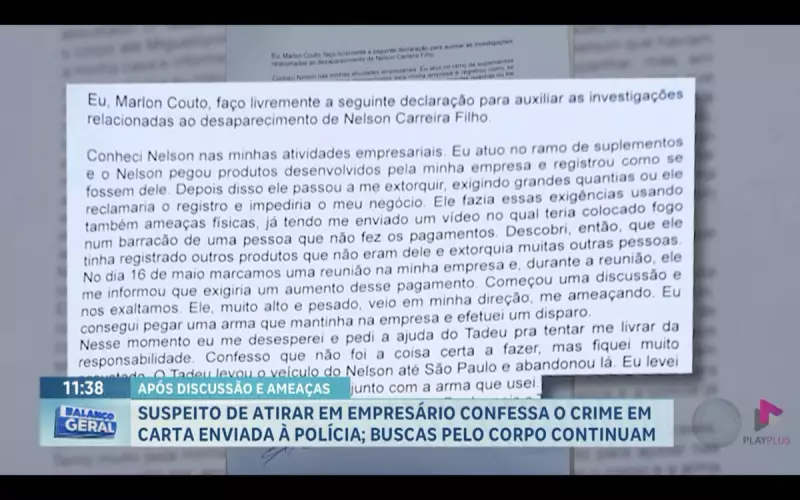 Suspeito de matar empresário confessa crime em carta enviada à polícia — detalhes chocantes