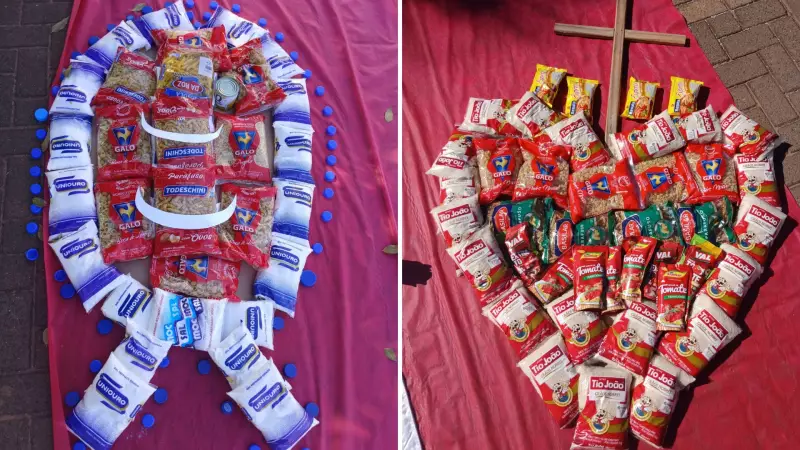 Tapete solidário em Paraíso: fiéis criam imagens cristãs com alimentos em celebração ao Corpus Christi