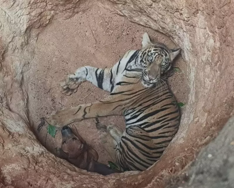 Tigre e cachorro caem em poço e surpreendem ao conviver em harmonia na Índia