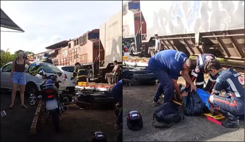 Trem colide com carro e moto em Catanduva: três ficam feridos em acidente grave