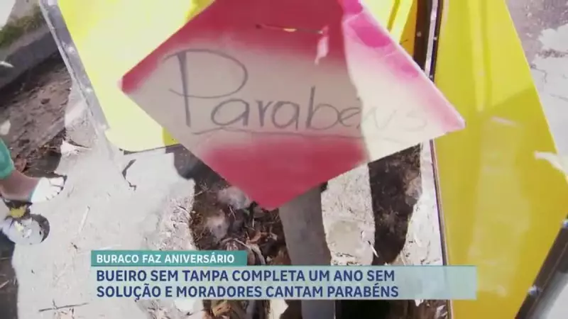 Bueiro aberto há um ano em BH vira 'aniversariante' e moradores cantam parabéns