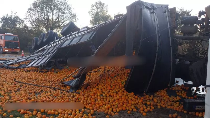 Caminhão de laranjas tomba e fecha SP-255 em Pratânia: veja o caos no trânsito!