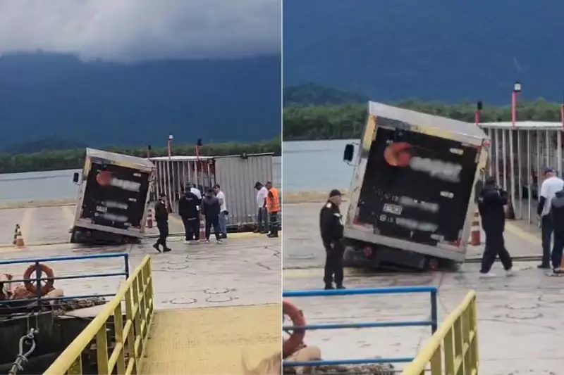 Caminhão fica suspenso por 3 horas entre balsa e pier em travessia Guarujá-Bertioga; veja o vídeo
