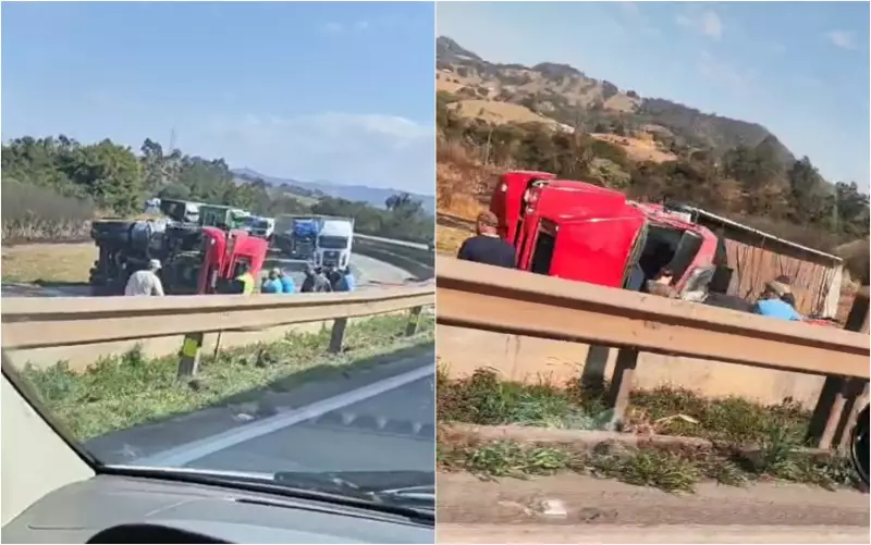 Caminhão tomba e causa congestionamento na Rodovia Fernão Dias, em Camanducaia (MG)