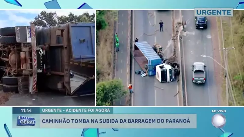 Caminhão tomba na subida da Barragem do Paranoá e interdita pista no DF — Veja vídeo