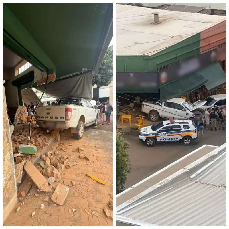 Caminhonete descontrolada causa destruição em bar após colisão com carro estacionado em Unaí