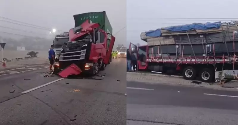 Colisão entre caminhão e carreta paralisa BR-101 em SC: filas chegam a 8 km e motoristas enfrentam caos