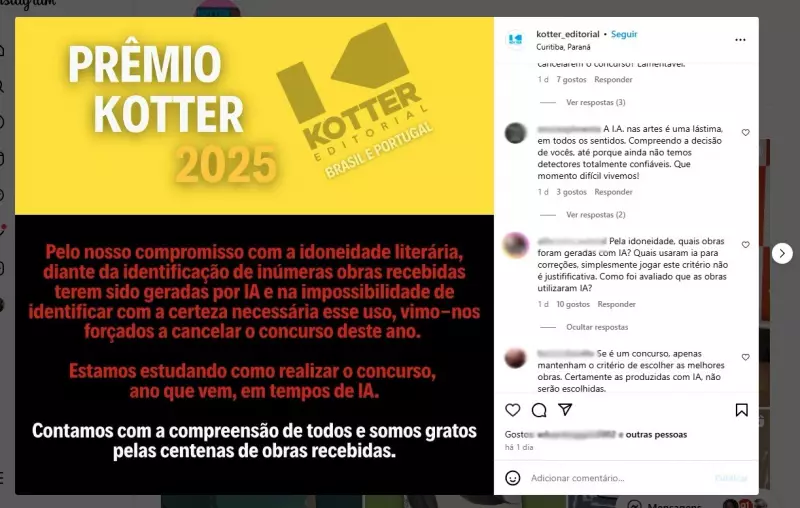 Editora de Curitiba cancela prêmio literário após suspeita de obras geradas por IA