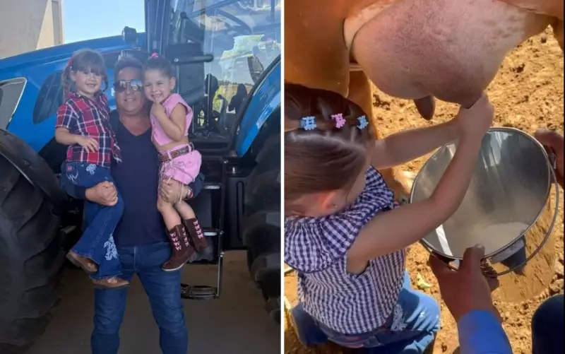 Filha de Virgínia e Zé Felipe encanta ao ordenhar vaca com look boiadeiro em fazenda de Leonardo