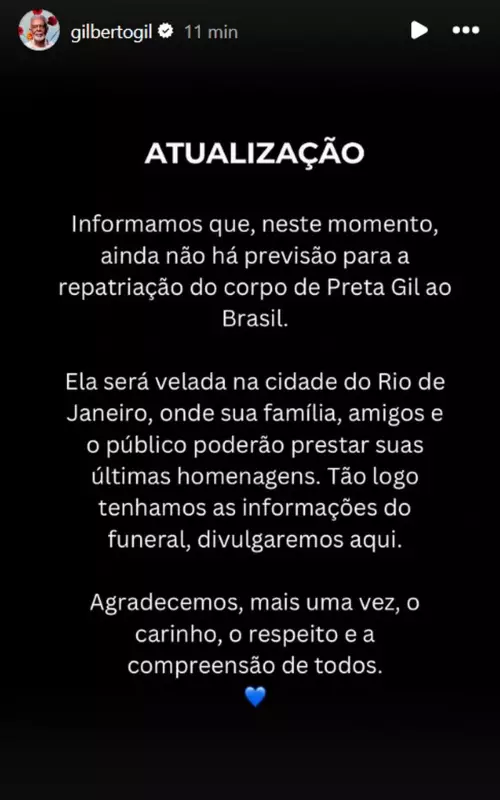 Gilberto Gil Atualiza Sobre Repatriamento do Corpo da Filha Preto Gil: Veja os Detalhes