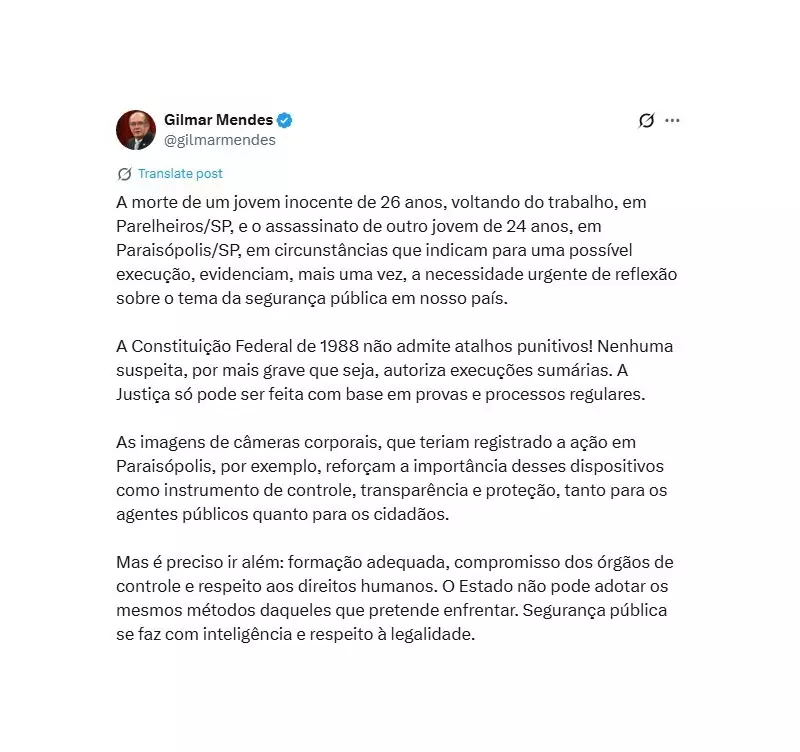 Gilmar Mendes exige respeito à legalidade após mortes por PMs em SP e defende câmeras corporais
