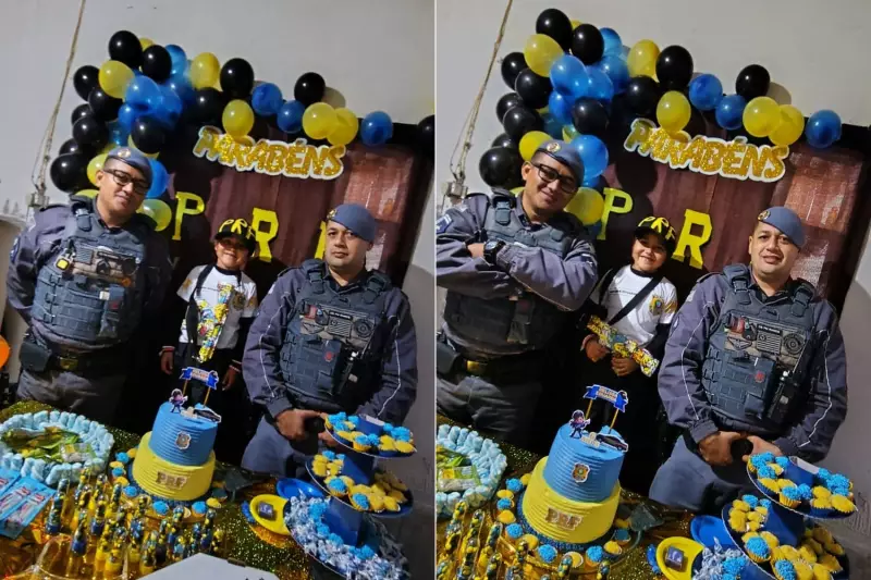 Menina de 6 anos surpreende PM ao entregar primeiro pedaço de bolo em festa de aniversário com sonho de ser policial