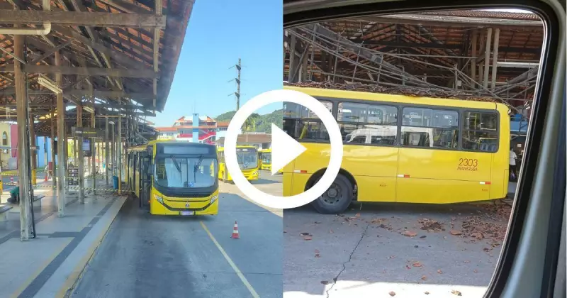 Ônibus colide com pilar e derruba parte da cobertura de terminal em Joinville — veja vídeo