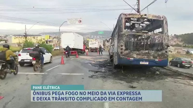 Ônibus pega fogo e interdita via expressa em Contagem (MG) — veja imagens impressionantes