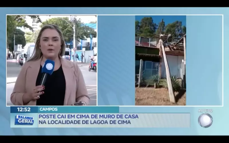 Poste desaba sobre muro de residência em Lagoa de Cima: veja o que aconteceu
