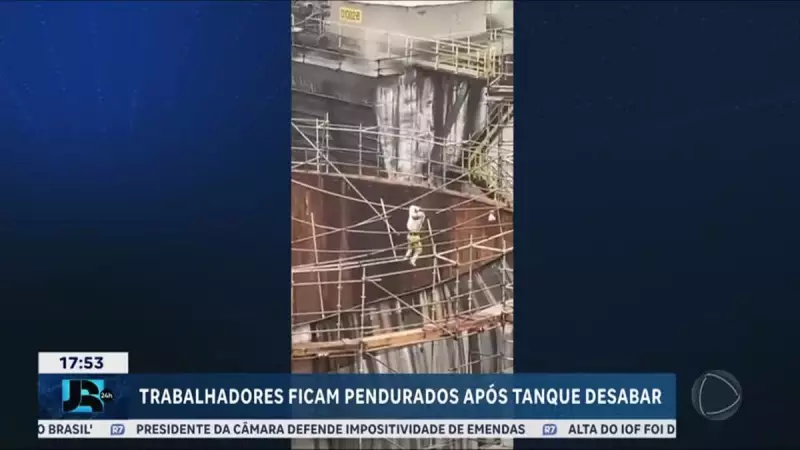 Trabalhadores ficam pendurados após desabamento de tanque em Cubatão, SP