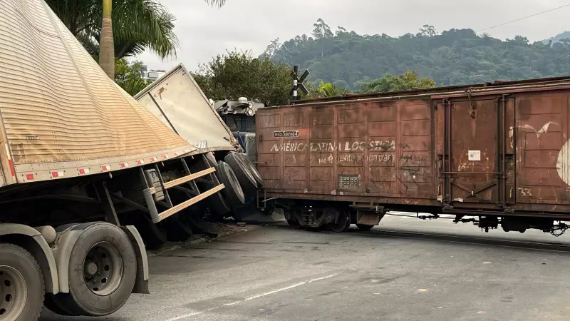 Trem colide com caminhão em SC: carga fica espalhada e trânsito é interrompido | Veja o vídeo