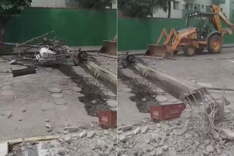 Motorista Bêbado com Retroescavadeira Derruba Poste e Deixa Cidade no Escuro no Litoral de SP