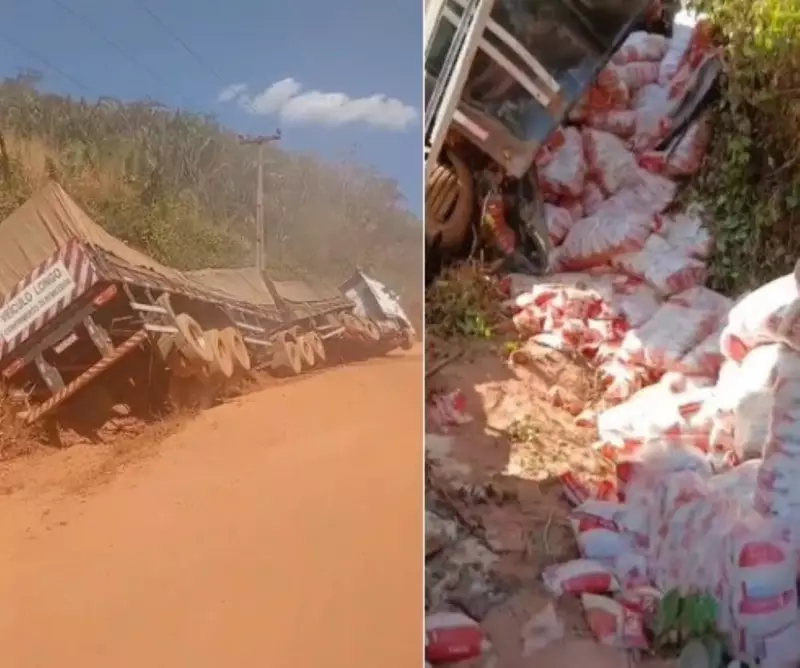 Tragédia na BR: Carreta desgovernada atropela motociclista e tomba com toneladas de arroz no Maranhão