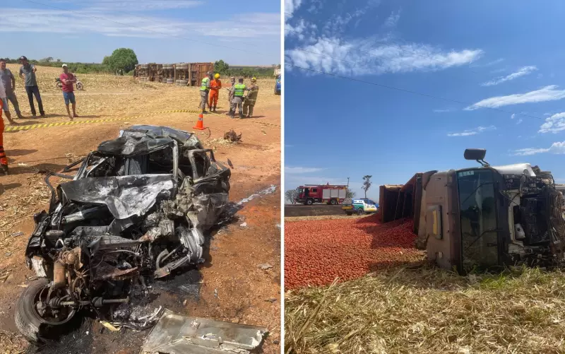 Tragédia na GO-060: Colisão entre carro e carreta termina em incêndio e duas mortes