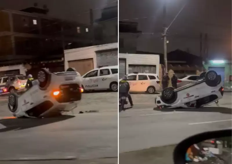 Motorista embriagado capota carro de empresa em cena dramática no litoral de SP; veja o vídeo chocante