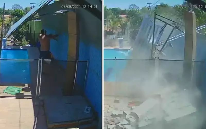 Muro desaba sobre piscina em Goiânia e deixa cenário de destruição — veja o vídeo chocante