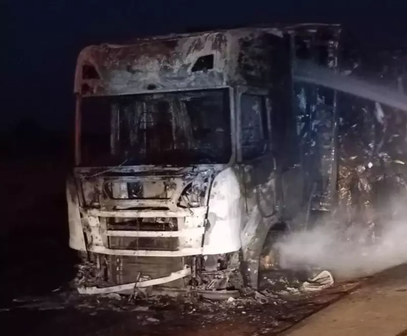 Caminhão de frigorífico pega fogo e interdita rodovia no interior de SP; veja vídeo